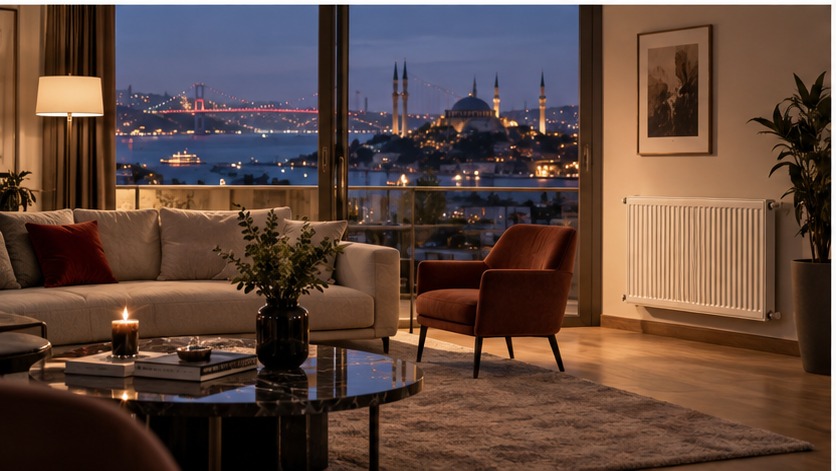 Kış akşamında kombi ile ısınan modern İstanbul evi